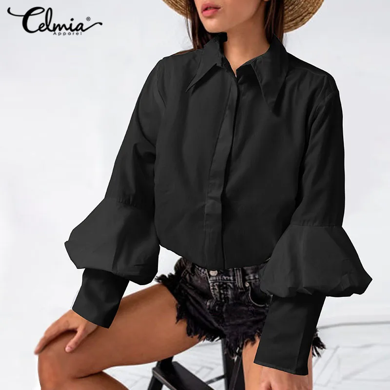 

Повседневные офисные дамские рубашки Celmia, осень 2021, модные блузки с длинными рукавами-фонариками, женские топы на пуговицах для работы, женс...