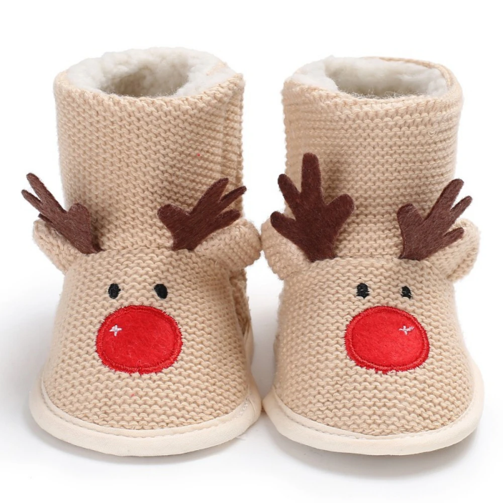 

0-18M Baby Boy Girl Christmas Shoes Cute Reindeer First Walker Infant Knitted Snow Boots Plush Lined Prewalker Fleece Boots