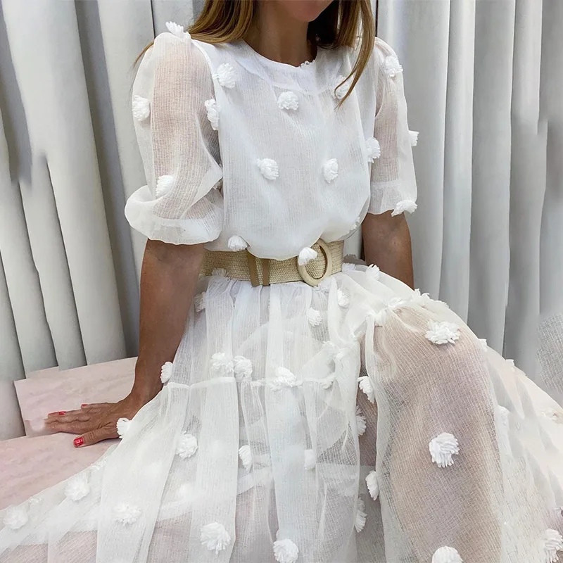 

Women's Chiffon Appliques Midi Dress Casual O-Neck Lantern Sleeve Female White Dresses 2021 Summer Lady Elegant Fashion Vestido