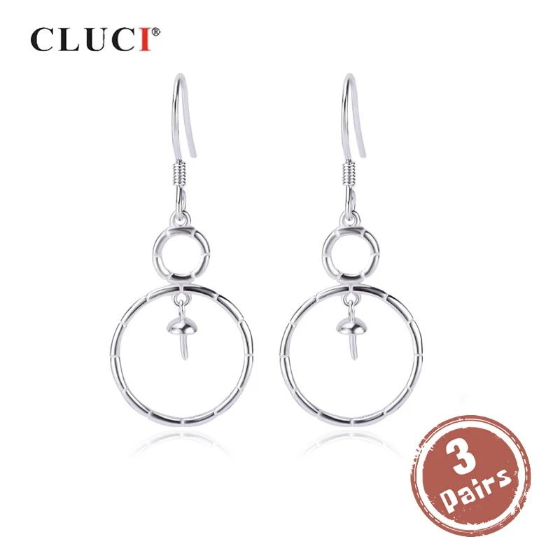 

CLUCI 3 pair Simple 925 Sterling Silver Big Round Drop Pearl Earring Mounting Jewelry for Women Wedding Engagement SE137SB