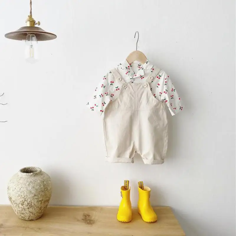 

2pcs Toddler Baby Clothes Set Girls Cherry Print Shirts Tops+overalls Pants Outfit Set Baby Boys Overalls Clothes Set