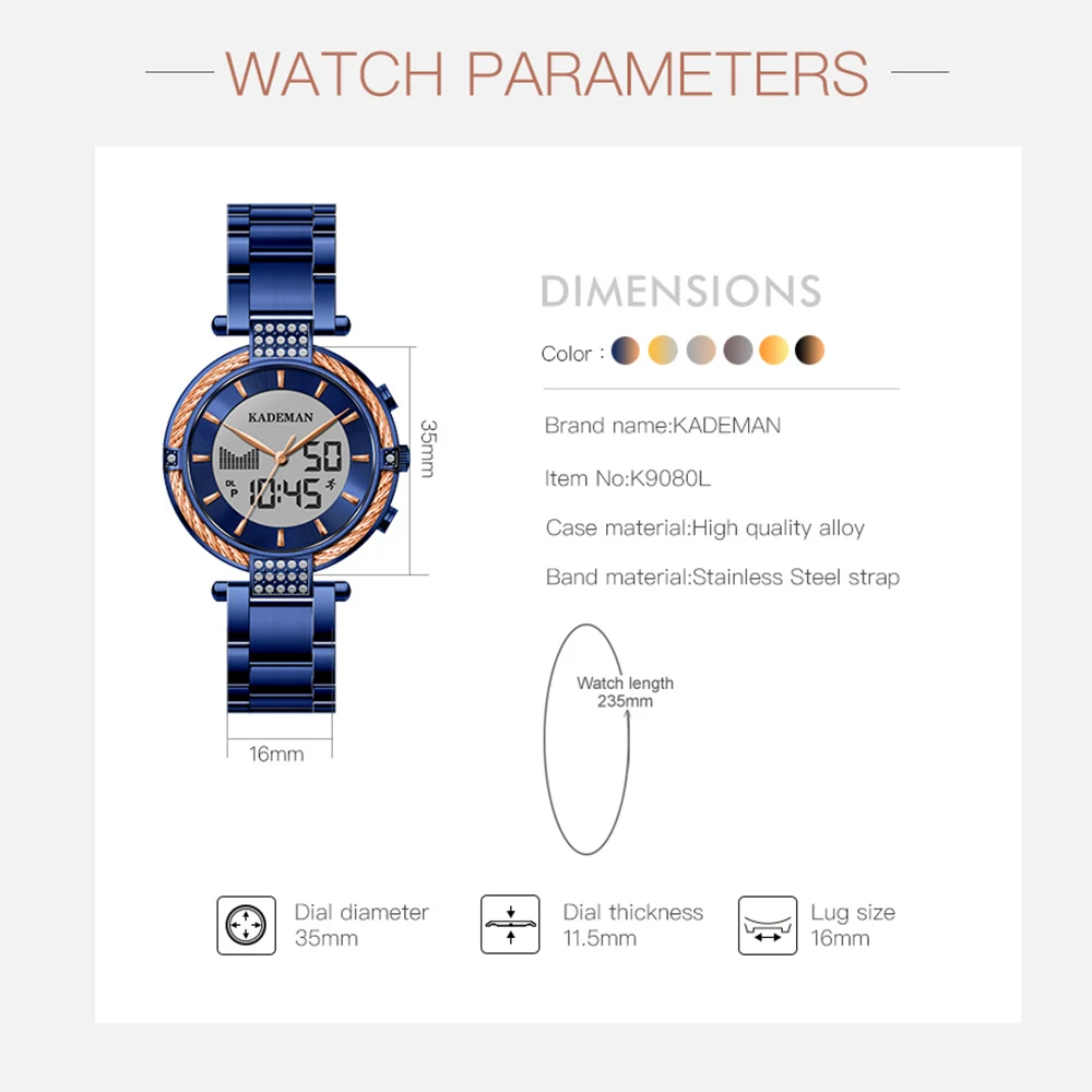 Kademan Новое поступление женские часы с ЖК-дисплеем и двойным дисплеем Элегантные