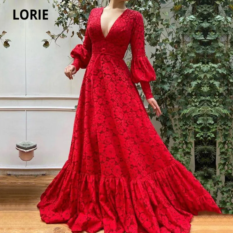 

Eightale Arabic Prom Dresses V-Neck Long Puff Sleeve Vintage Evening Gown Lace Red Celebrity Party Dress vestido de festa longo