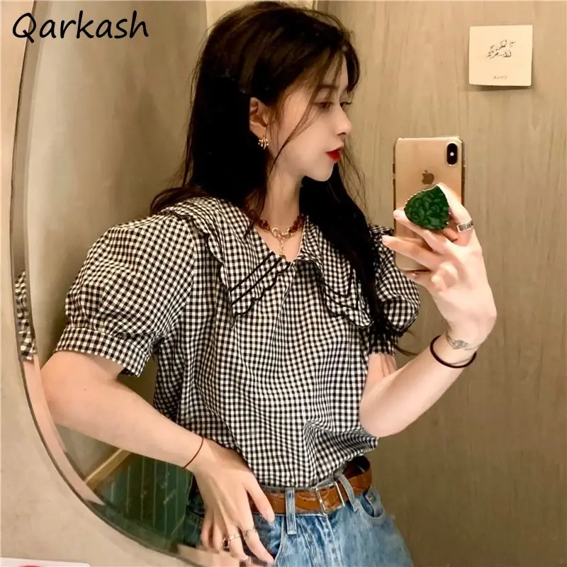 

Plaid Blouses Women Puff Sleeve French Style Retro Simple Summer All-match Sweet Leisure Tops Peter Pan Collar Cute College Ins