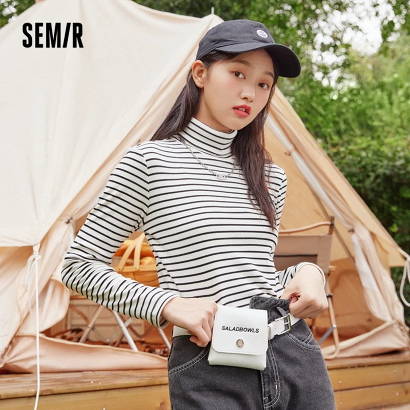 

SEMIR Long Sleeve T-Shirt Women High-Neck Striped T-Shirts 2021 Winter New Ladies Bottoming Tshirt Commuting Leisure