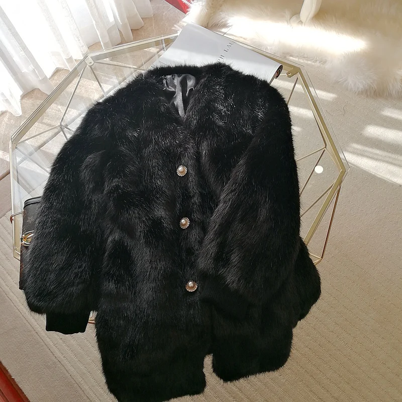 

HIGH QUALITY 2020 winter thick warm single breasted v-neck faux fur coats medium long hairy fake fox fur outerwear black A221