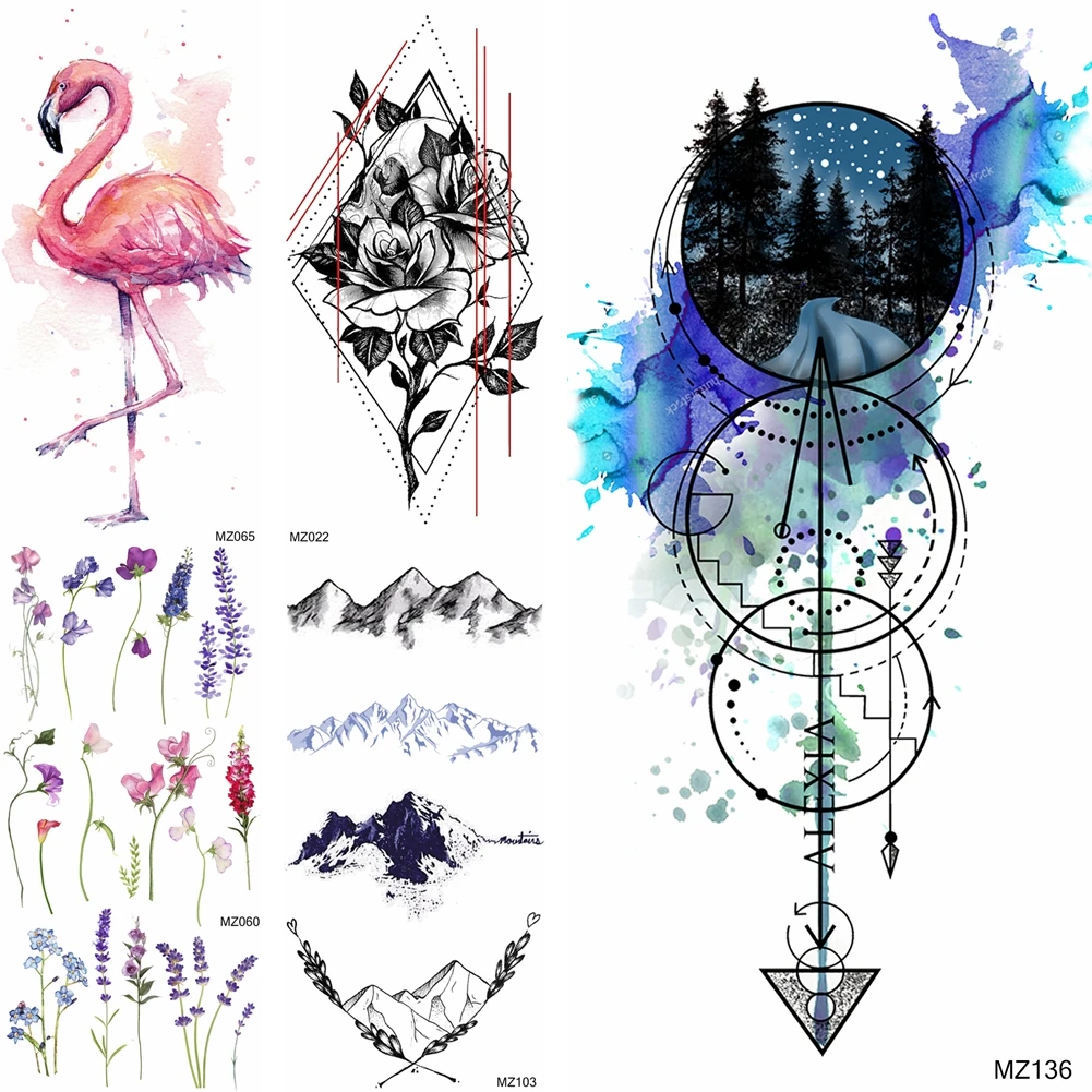 

Colorful Watercolor Bird Temporary Tattoos Sheets For Women Body Art Fake Mountain Arrow Tattoo Girls Paste Adult Tatoos Sticker