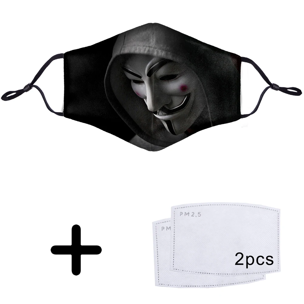 

V for Vendetta Face Mask Printed PM2.5 Filter 2pcs Movie 3D Reusable Mouth Anti Haze Dustproof Protection Cover Respirator Masks