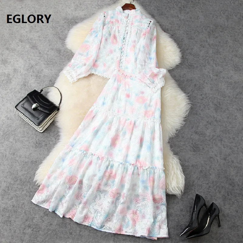 Top Quality Women's Set 2021 Spring Summer Skirt Suit Ladies Sweet Rainbow Color Embroidery Long Sleeve Shirts+Long Maxi Skirts
