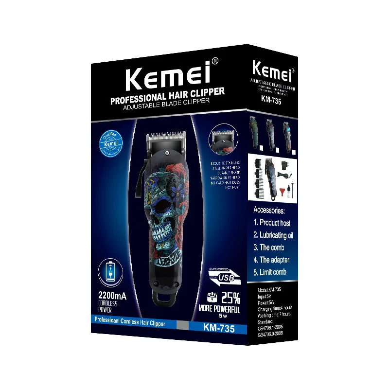 

KEMEI KM-735 Wireless Salon Hair Clipper Professional Hair Trimmer Men Electric Powerful Motor Machine Lithium Battery 100v-240v