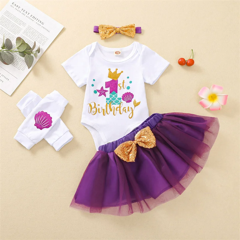 

0-18M infant outfits Baby Girl's 4Pcs Suit Letter Print Romper & Skirt Newborn Clothes Set For Birthday Party Photography