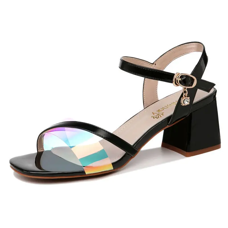 

2021 Soft Sandals Woman,Summer Block High Heels,Girls Fashion Ankle Buckle Strap Shoes,French Style,WHITE,BLACK,Dropshipping