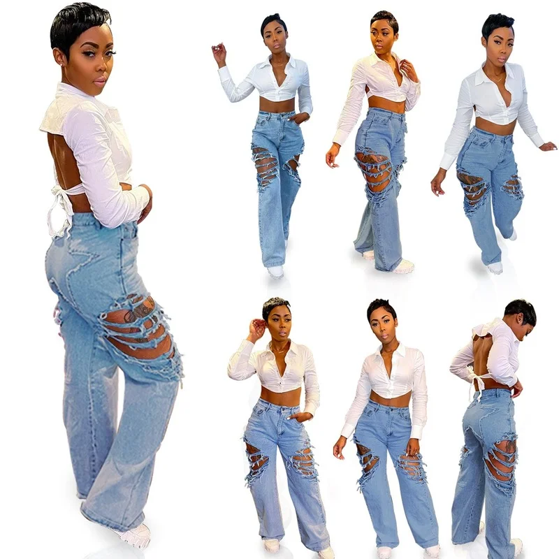 

High Waist Slim Straight Pants Fashionable Ripped Leisure Non-Elastic Loose Jeans