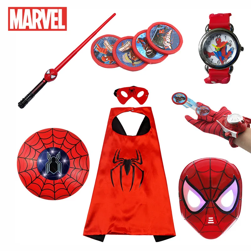 Disney Marvel Spider Man LED Mask Launcher Gloves Watch Cape Set Superhero Sword Children Cartoon Toys Kid New Year Gift CosplED