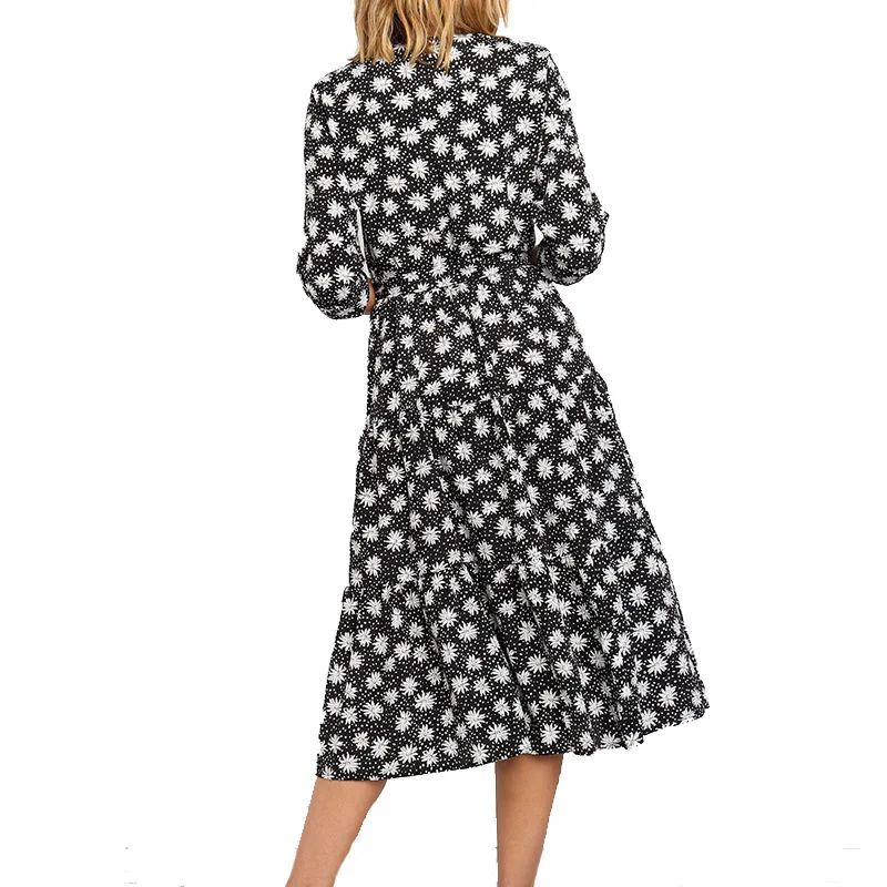 

New Summer Fashion Women V-Neck Floral Print Casual Mid Dress Female Elegant Long Sleeve Frenulum Vintage Party A-Line Dresses