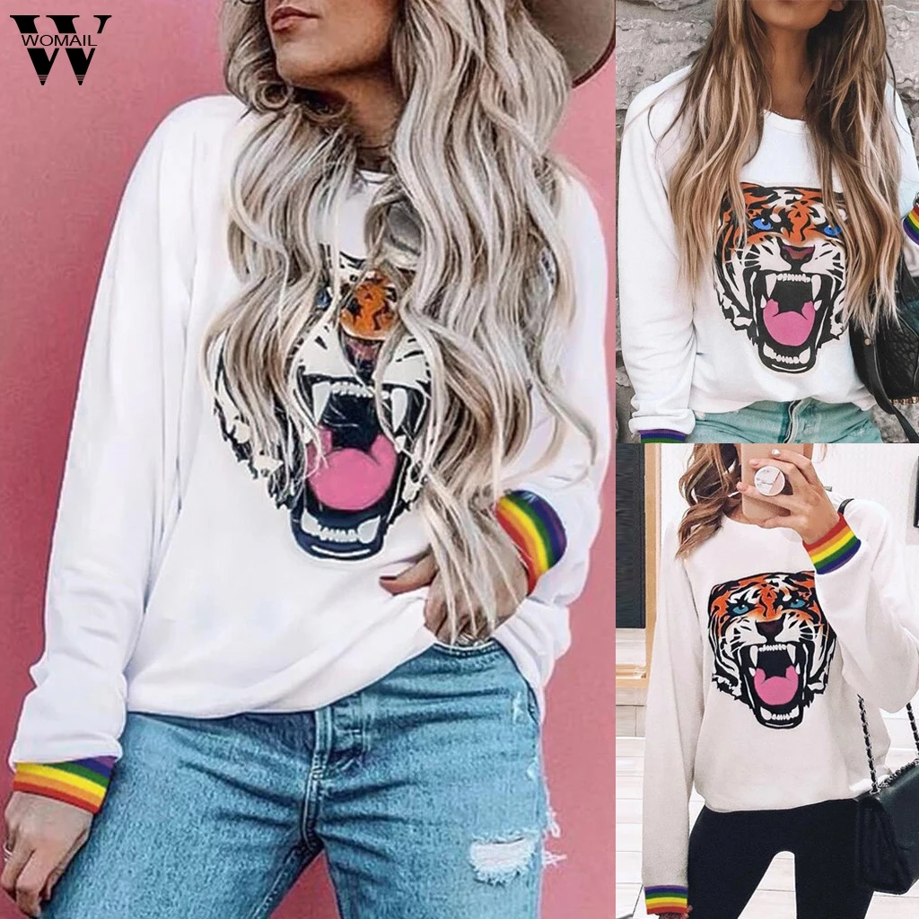 Женский свободный пуловер с принтом тигра и круглым вырезом модный Повседневный