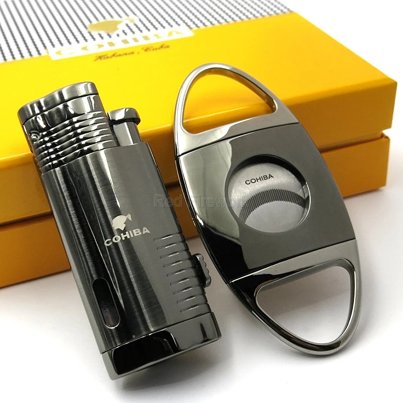 

COHIBA черная металлическая ветрозащитная Зажигалка для сигар 3 фонарь пламени сигареты сигары многоразовые зажигалки с дыроколом набор