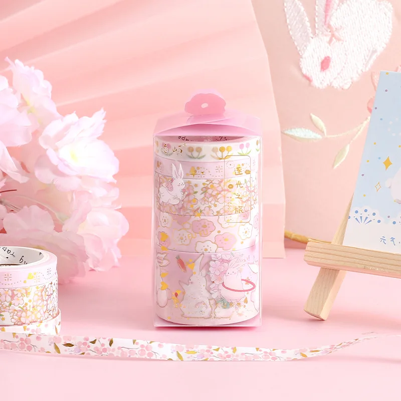 

5pcs/set Gold Stamp Washi Tape Kawaii Masking Tape Gilding Decorative Adhesive Stickers Scrapbooking DIY Diary Stationery Album