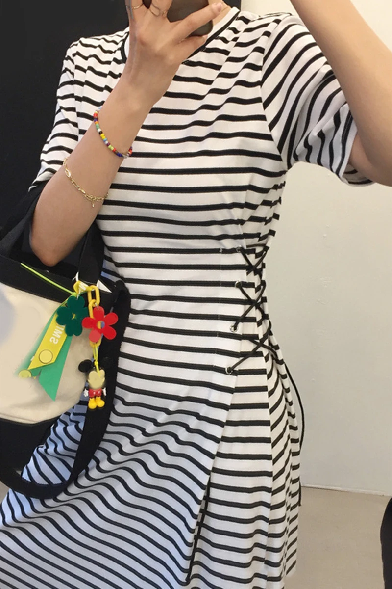 

Lace Up Bandage Dress Women Summer Stripe Girl Beach Dresses Fashion Women Summer Short sleeve Vestidos Ladies Casual XC589