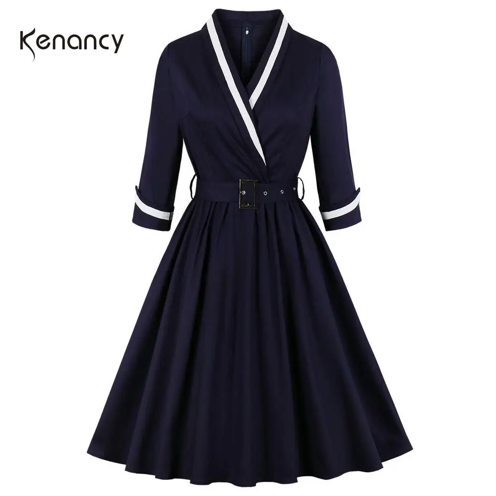 Kenancy Cotton Solid Lapel Long Sleeve Women Vintage Dress Plus Size 4xl Femme Vestidos 50s Rockabilly Robe Women'S Party | Женская