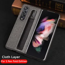 Pen Holder Cloth Case for Samsung Galaxy Z Fold3 Fold 3 5G Cover Hard Frame Full Protection S Pen Slot Phone Bag Case