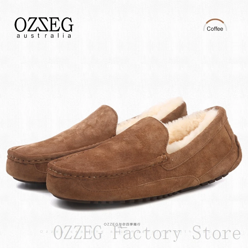 OZZEG; Роскошная брендовая дизайнерская обувь; Мужская зимняя обувь из натуральной кожи на плоской подошве; австралийская подкладка из натуральной овечьей шерсти; лоферы; Повседневная обувь; Мокасины - Цвет: Coffee