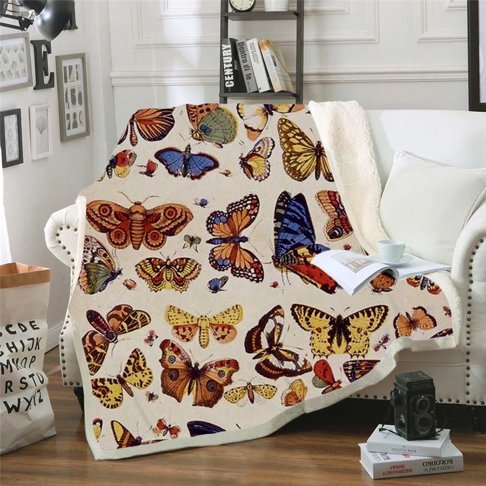 

Plstar Cosmos Colorful butterfly insect Blanket 3D print Sherpa Blanket on Bed Kids Girl Flower Home Textiles Dreamlike style-1