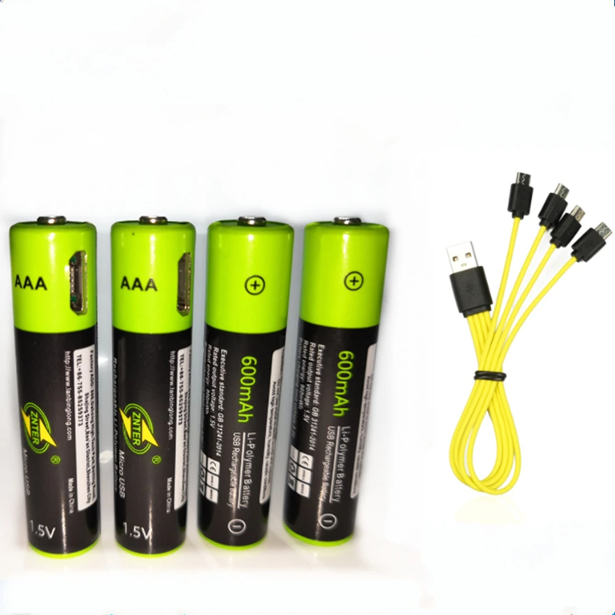 ZNTER AAA аккумуляторная батарея 1,5 V AAA 600mAh USB литиевая полимерная аккумуляторная батарея с микро USB кабелем