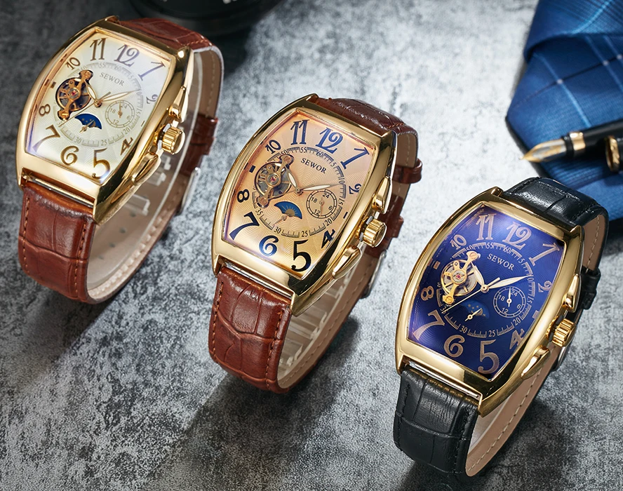 

Vintage Automatic Men Mechanical Watches Tourbillon Dial Male Wrist Watch Mens Irregular Rectangle Skeleton Relogio Masculino