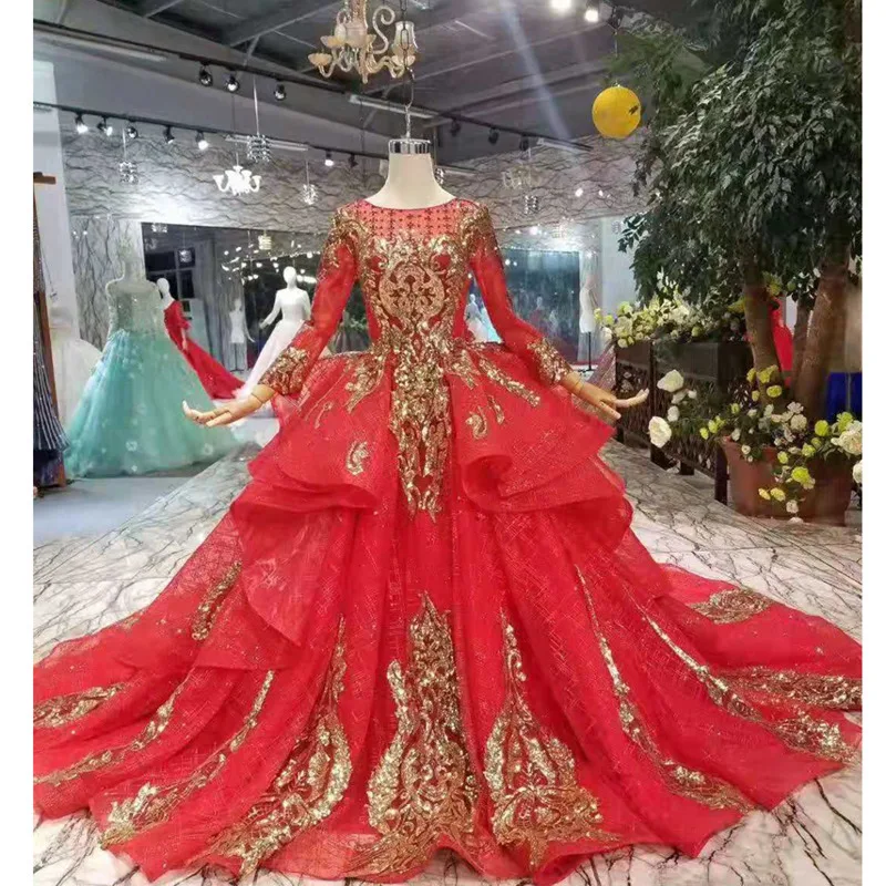 BGW 222730ht винтажное свадебное платье красное с круглым вырезом и длинными рукавами