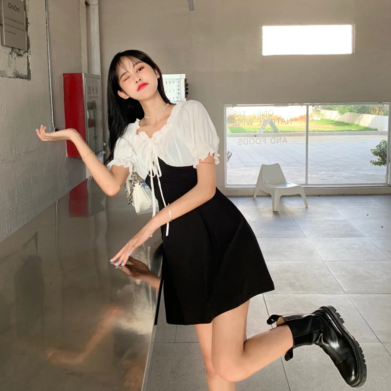 

Summer Elegant Women 2021 New Dress Puff Sleeve Vintage Short Mini Fashion Dress V Neck Streetwear Wrap Dress Vestido Work Wear