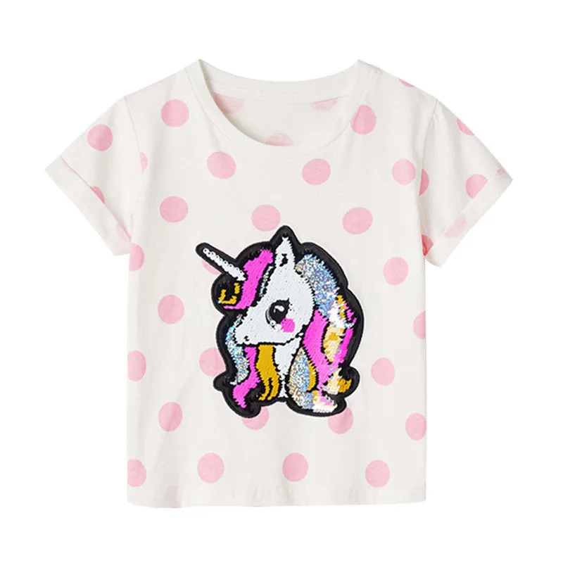 

Jumping Meters New Summer Tees Tops Unicorn Beading Cotton Polka Dots Baby Cute T shirts Children's Cute Clothing