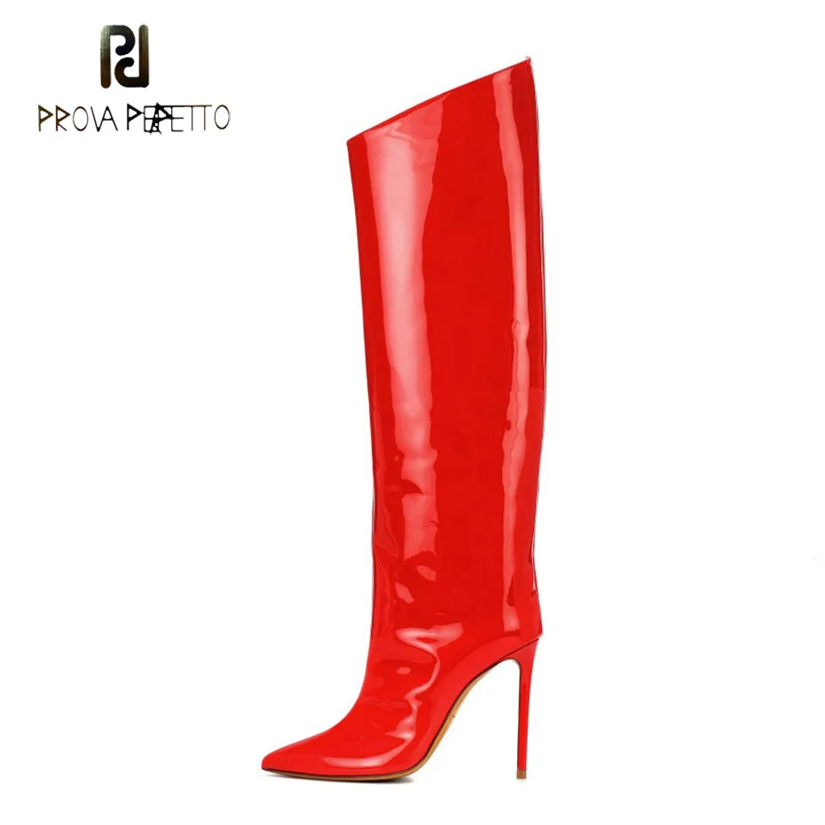 

Prova Perfetto Patent Leather Solid Color Straight Women Knee High Boots Sexy Pointed Toe 11cm Thin Heel Cut Out Party Long Boot