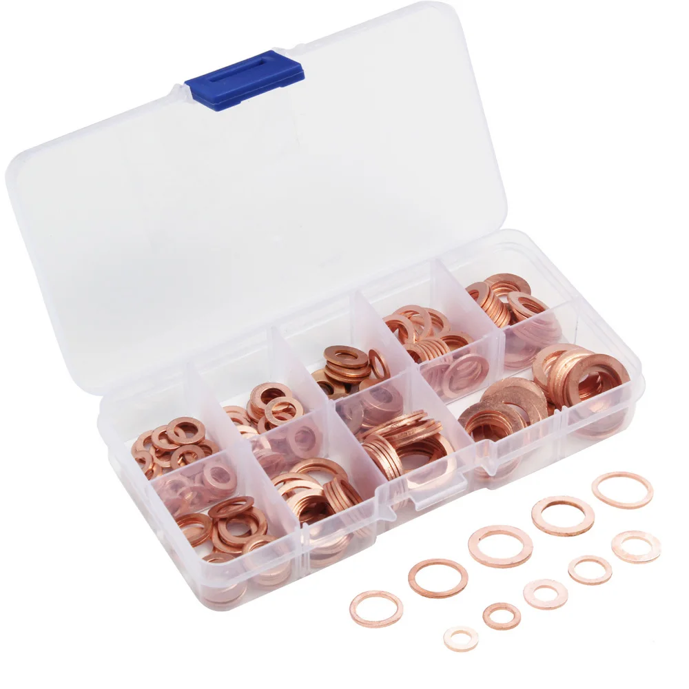 Комплект прокладок масляного сливного патрубка из медной шайбы 200 шт., ассортимент M5-M14, совершенно новый и высокого качества. Перевод с заглавной буквы и без символов и кавычек: 200 шт. Медные прокладки для пробки сливного патрубка.