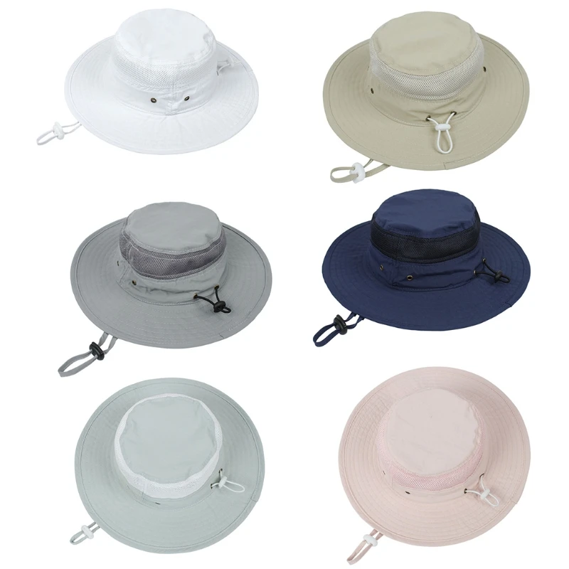 

Toddler Kids Sun Protection Wide Brim Bucket Hat Solid Color Breathable Mesh Foldable Fisherman Cap with Chin Strap