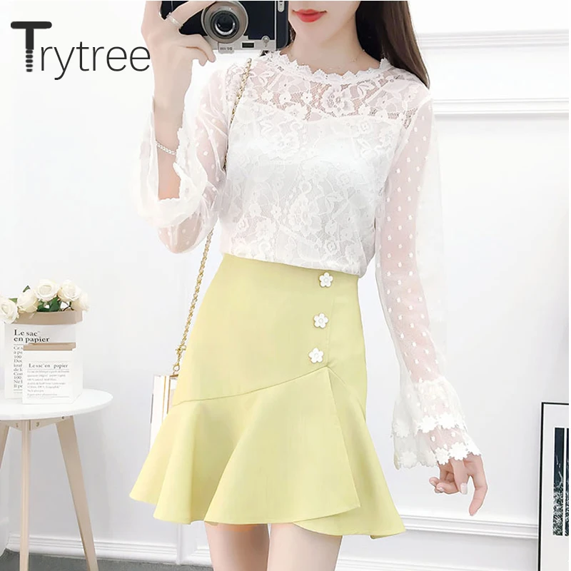 Осенний Женский комплект из двух предметов Trytree повседневный кружевной топ с