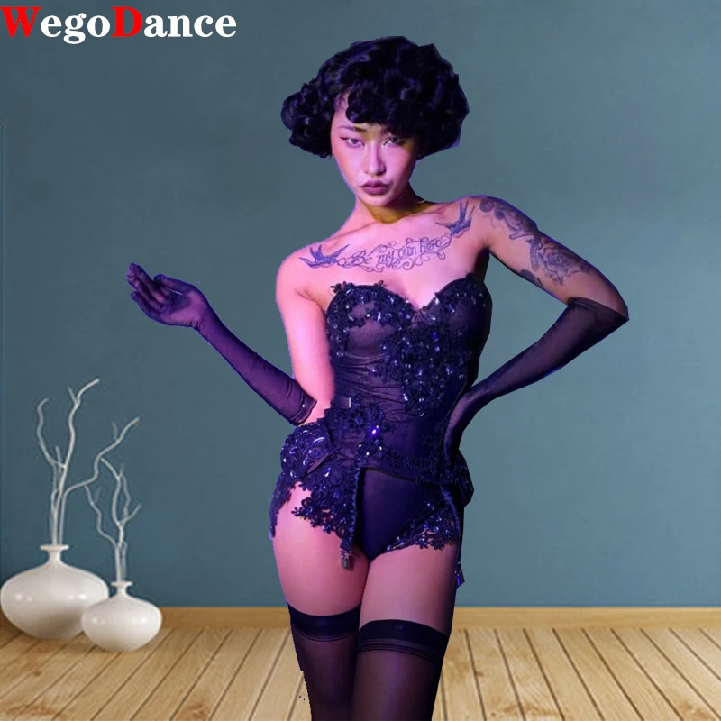 

Women Black Sexy Tube Top Bodysuit Festival Outfit Nightclub Bar Pole Dance Clothing Rave Performance Wear Stage Costume
