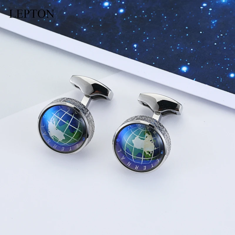 Newest Globe Earth Cufflinks 4 Colors Lepton Stainless steel Rotatable globe planet earth World Map Cuff links Wedding For Mens
