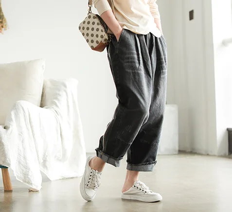 Осенние джинсы женские большие размеры свободные 2019 Новый женский эластичный