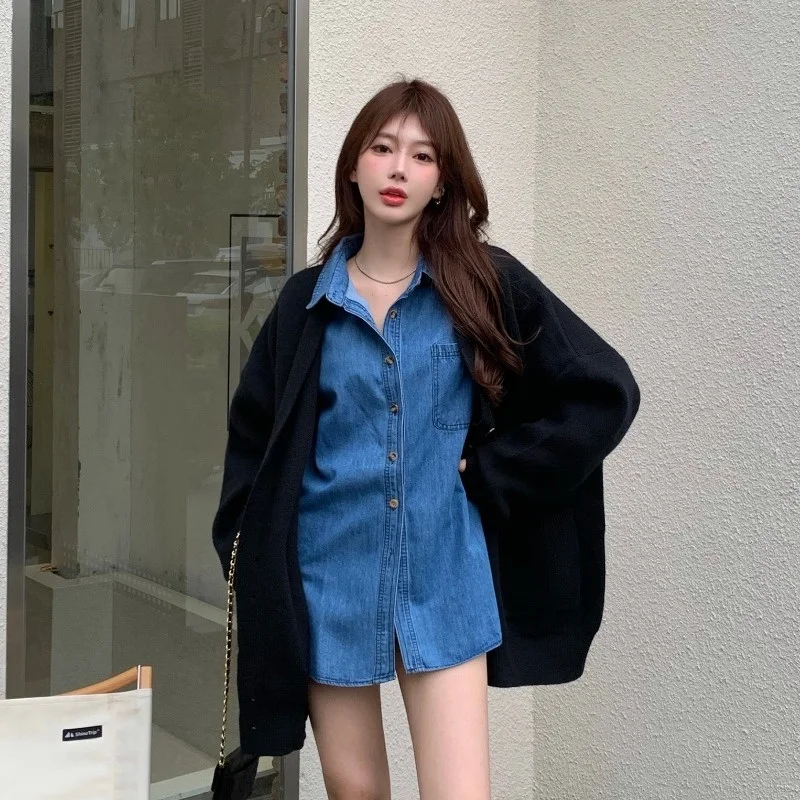 Blue Denim Shirt Women's Polo Collar Mid-length Long Sleeve Coat Autumn Winter Loose Lazy Style Casual Top Rac | Женская одежда