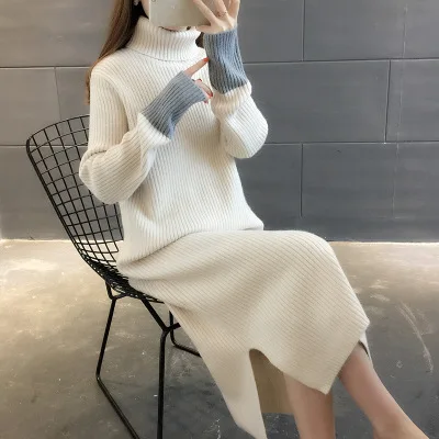 beige Длинное платье-свитер Женская мода осень зима винтажное вязаное Повседневное платье Макси Свободный пуловер с высоким воротом хит цвет Vestido - Цвет: beige