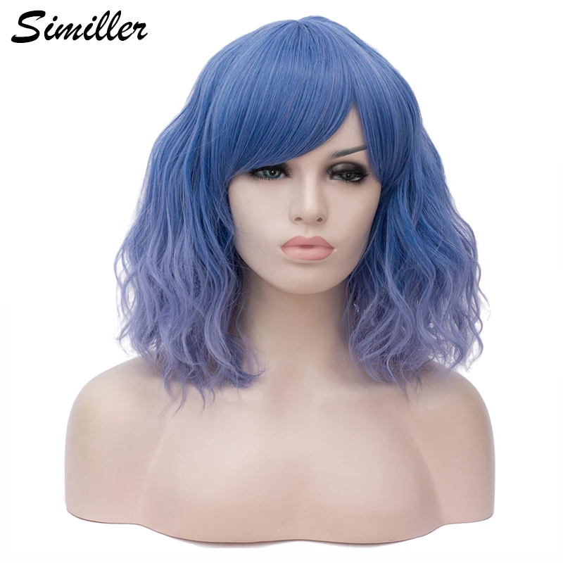 

Similler двухцветный женский короткий вьющийся синтетический парик с челкой Омбре разноцветный синий фиолетовый зеленый цвет