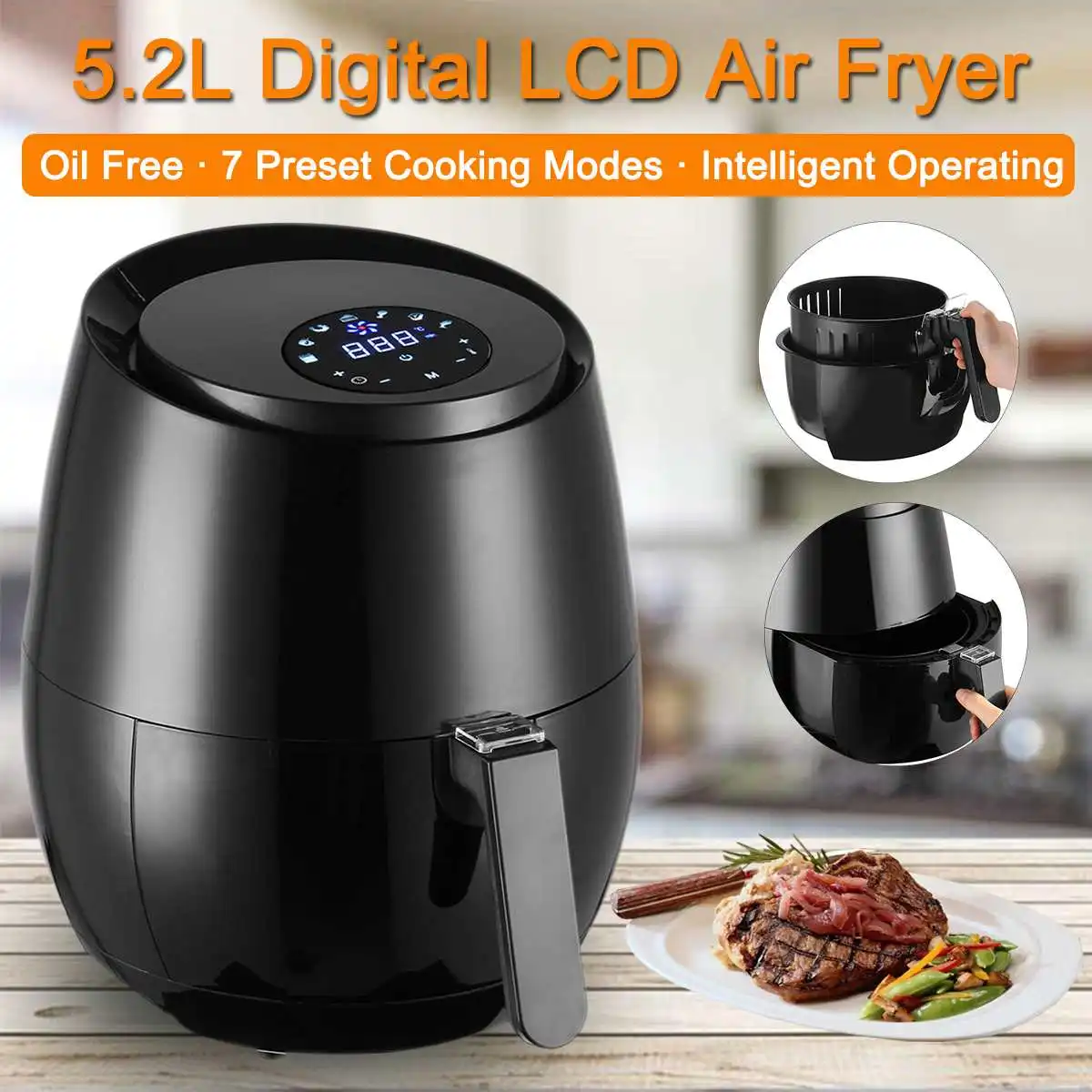 5.2L 1400W Oil free Air Fryer Health Fryer Cooker Smart Touch LCD Airfryer Pizza Multi function Smart Fryer for French fries