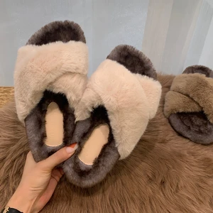 Winter Womens Indoor Home Slippers Hairy Cozy Warm Cross Straps Faux Fur Shoes Couple Slides Memory Foam Adult Cotton Slippers