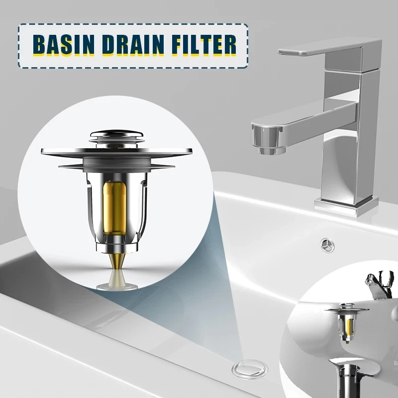 

Universal Stainless Steel Pop-Up Bounce Core Basin Drain Filter Hair Catcher Deodorant Bath Stopper Kitchen Bathroom Tool