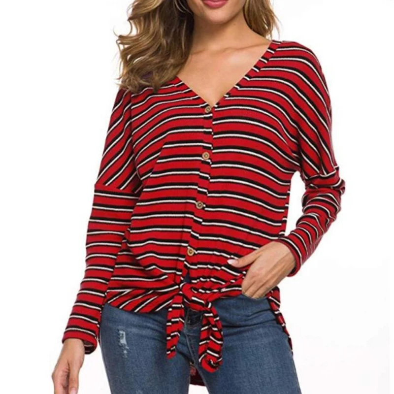 Осенняя Милая модная свободная полосатая футболка на пуговицах с длинными
