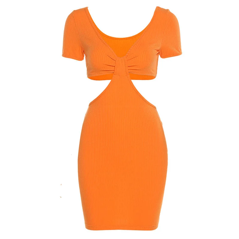 

Women's Hollow Waist Bodycon V Neck Mini Dress 2021 Summer Sexy Solid Color Short Sleeve Slim Dress Ladies Streetwear Vesdtidos