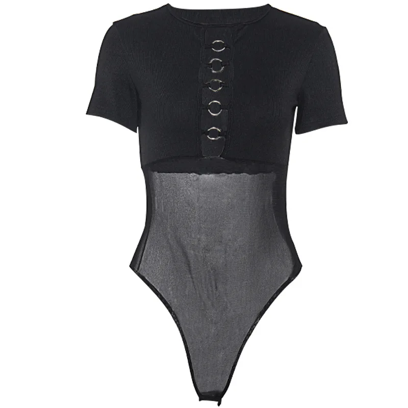 

InsGoth Bodycon Mesh Sexy Bodysuits Women Gothic Punk Metal Hollow Out See-through Bodysuits Female Jumpsuits Short Sleeve Bodys