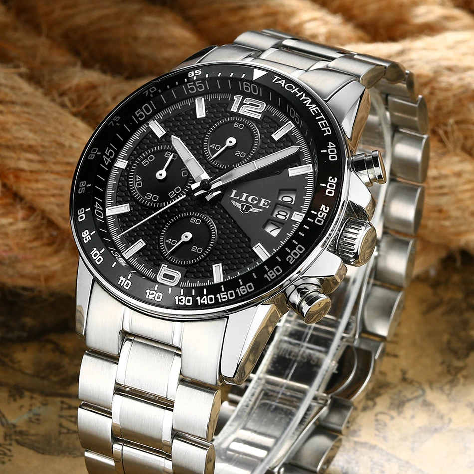 Часы-хронограф мужские водонепроницаемые полностью стальные в стиле милитари |