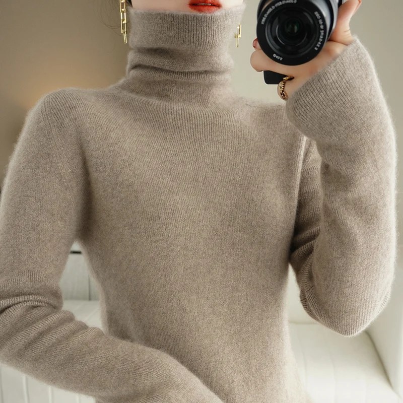 

Turtleneck bottoming shirt women's thin style with 2021 spring and autumn worsted 100 pure wool pile neck sweater